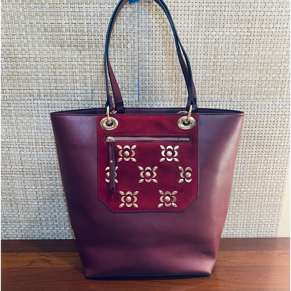 🌟3xHP🌟NWOT Kate Landry Burgundy Faux Leather & Suede Tote w/ Gold Floral